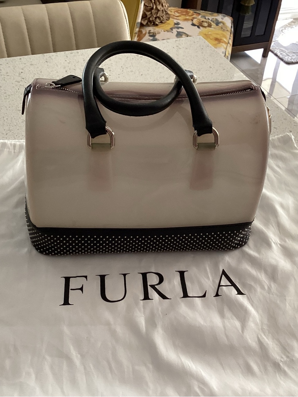 Furla grey ombre Patent Dome Satchel with Black Handles and Studded Black Base